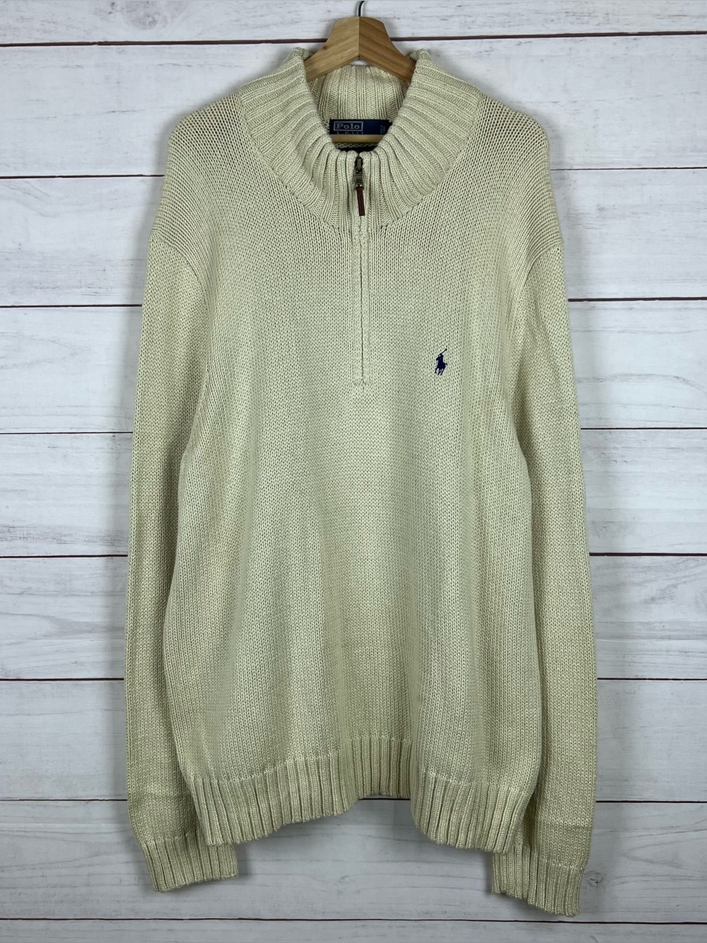 Polo Ralph Lauren Sweater Mens 2XL Beige Knit 1/4 Zip Pullover Cotton Pony